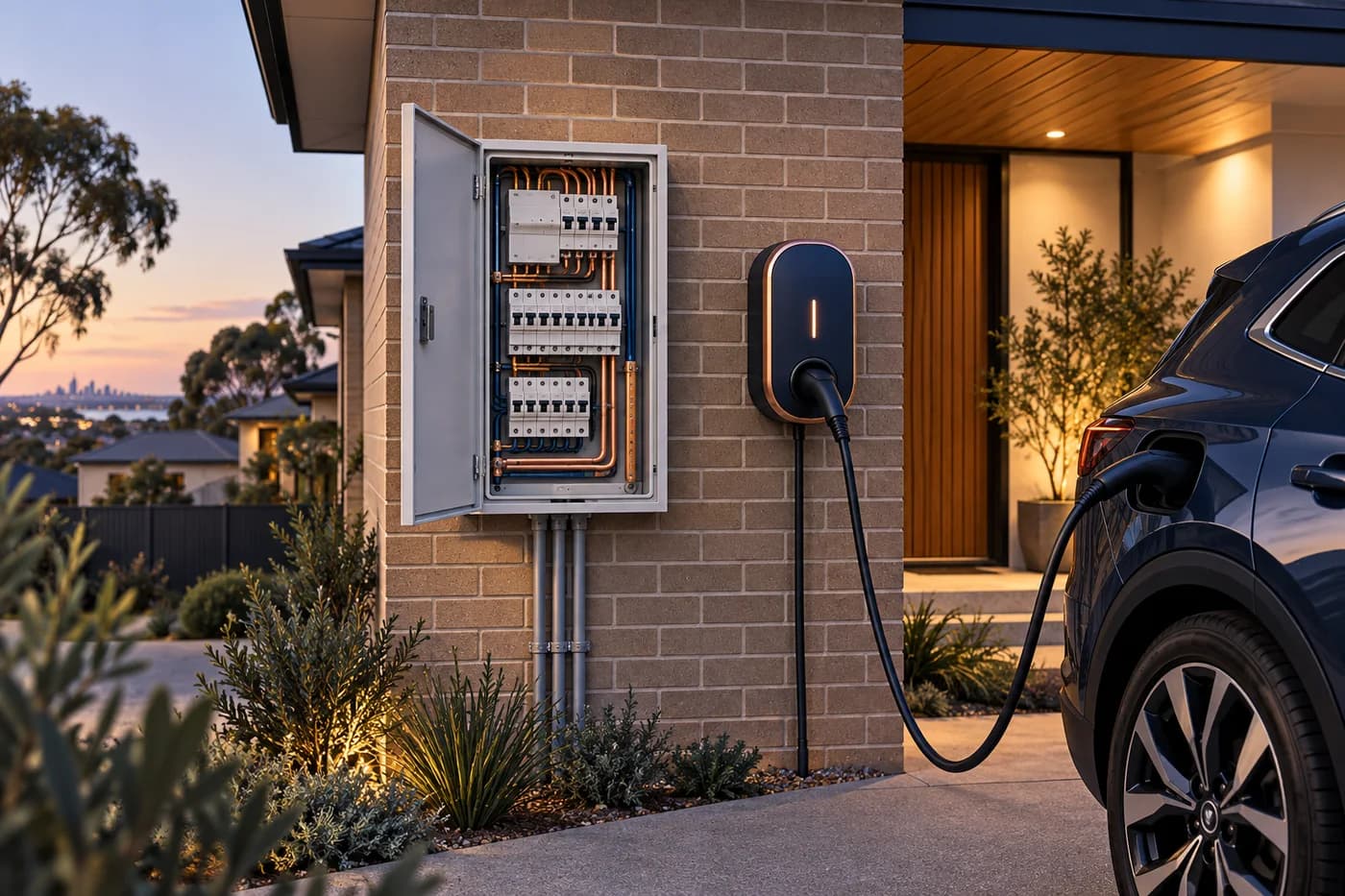 A switchboard and wall-mounted vehicle charger beside a brick home