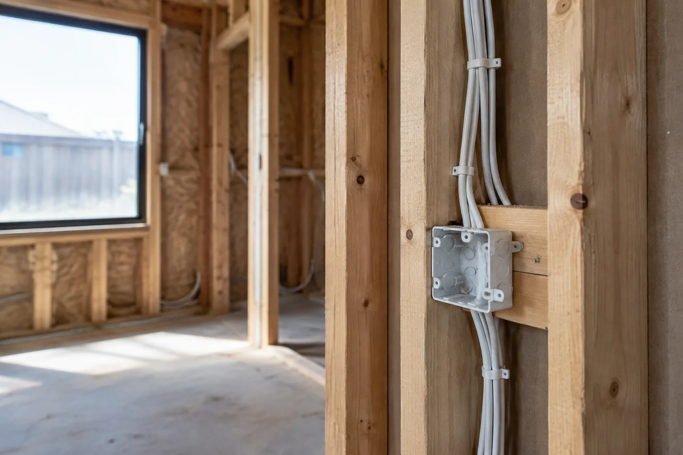 Electrical wiring and an outlet mounting box in a timber-framed renovation